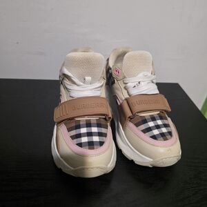 Burberry Beige and Pink Check Athletic Shoes